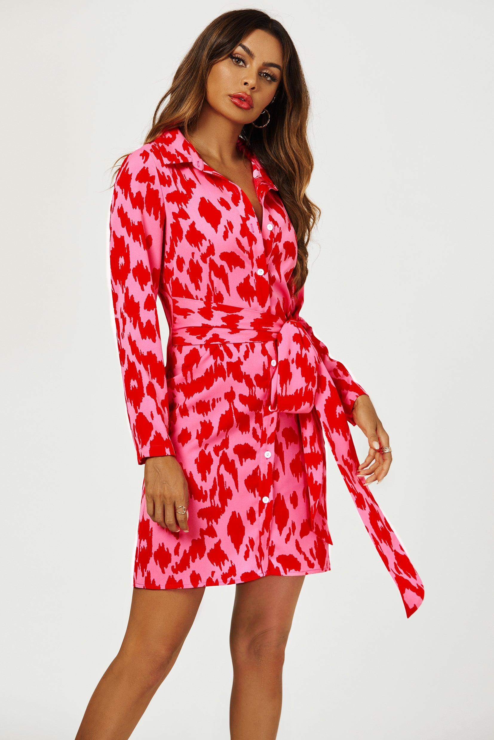 Abstract Print Shirt Mini Wrap Dress In Pink