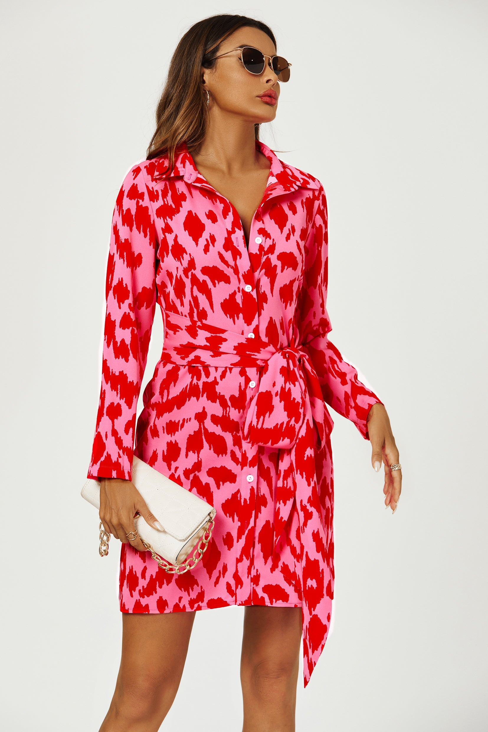Abstract Print Shirt Mini Wrap Dress In Pink