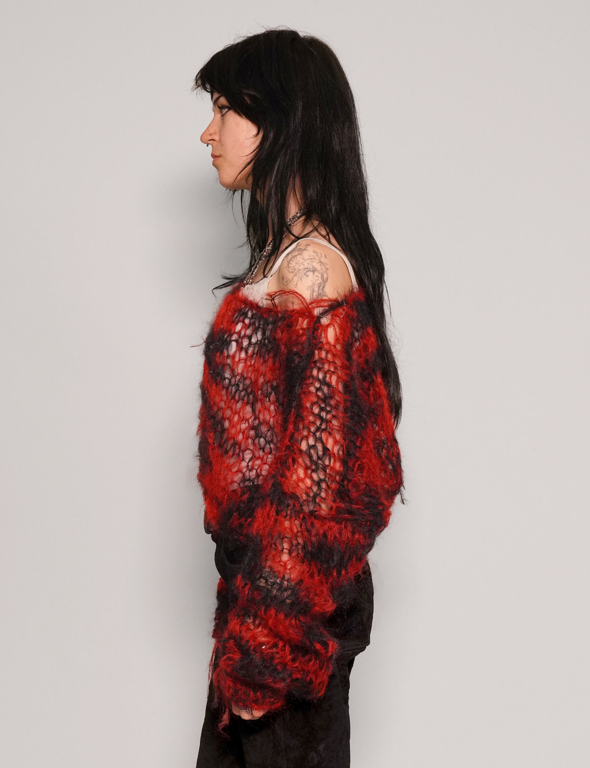 "PISTOLS" Mohair Hand Knit Cropped Sweater - Red & Black