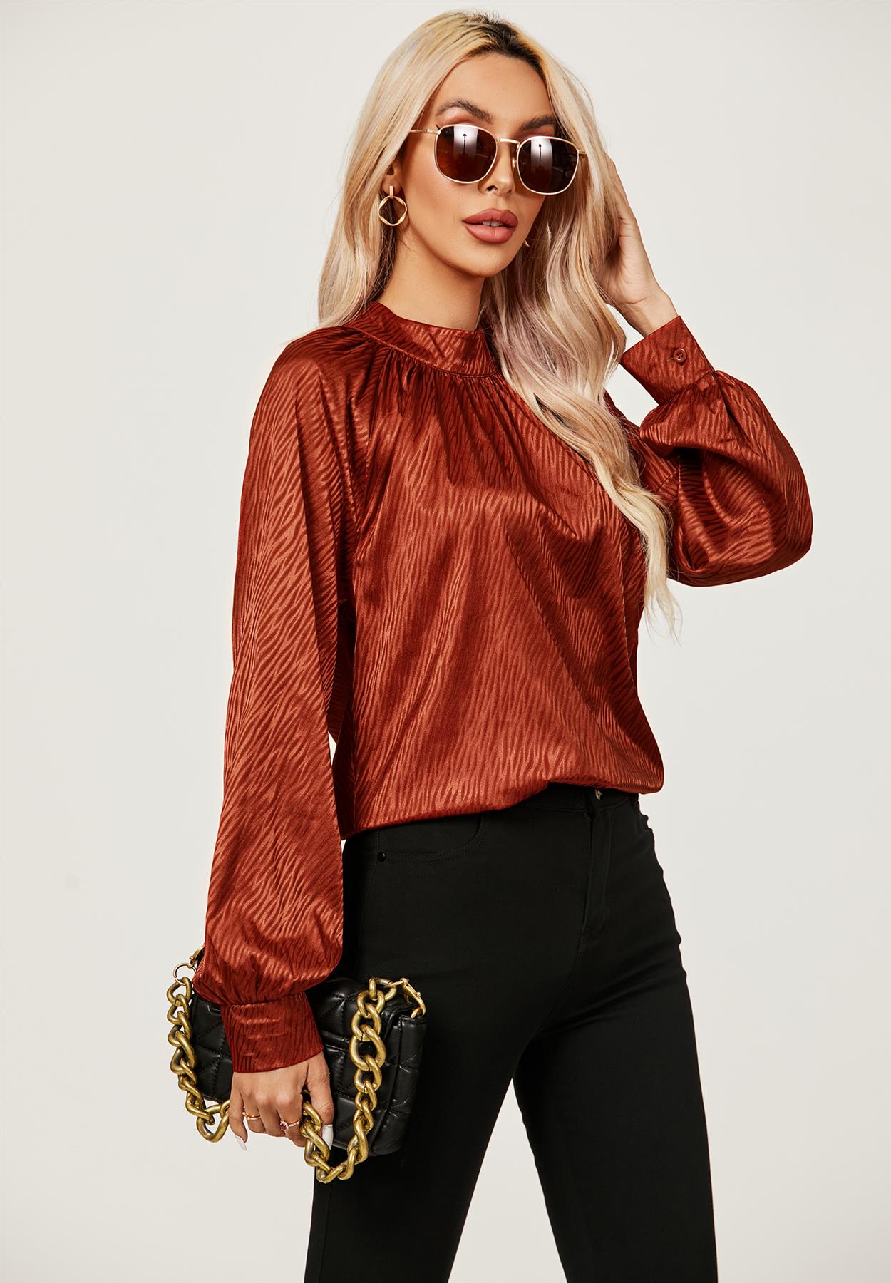 Halter Neck Satin Long Sleeve Blouse Top In Copper Red