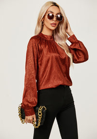 Halter Neck Satin Long Sleeve Blouse Top In Copper Red