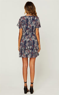 Flora Print V Neck Angel Sleeve Summer Mini Dress In Navy