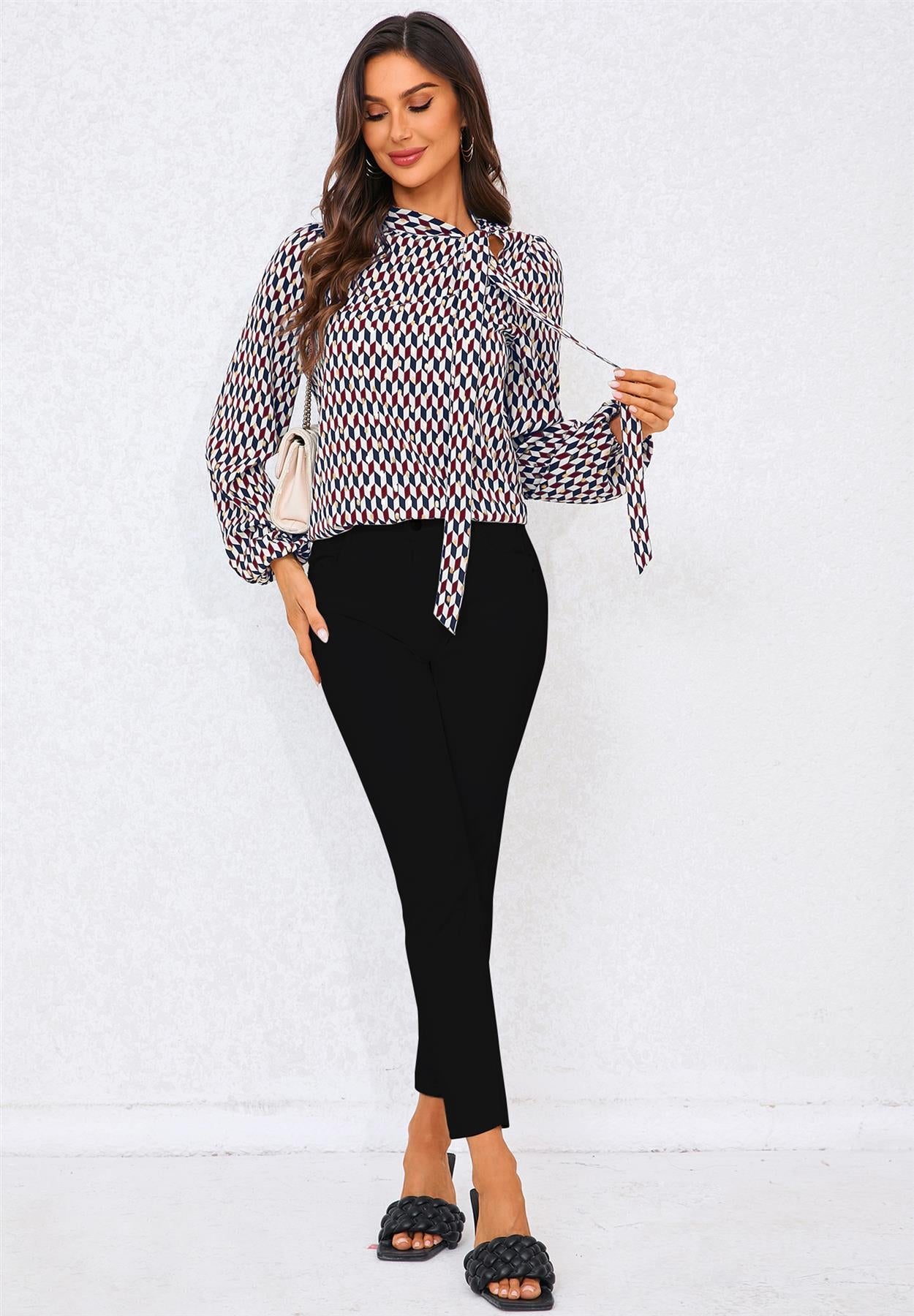 Geo Print Side Tie Blouse Top In Wine