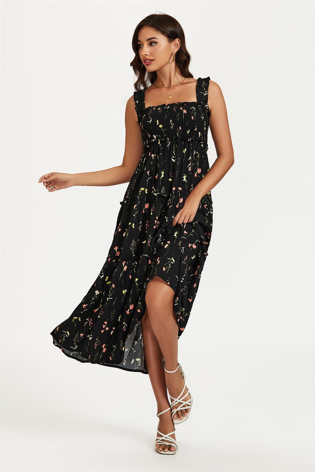 Floral Print Hem Detail Tiered Maxi Dress In Black