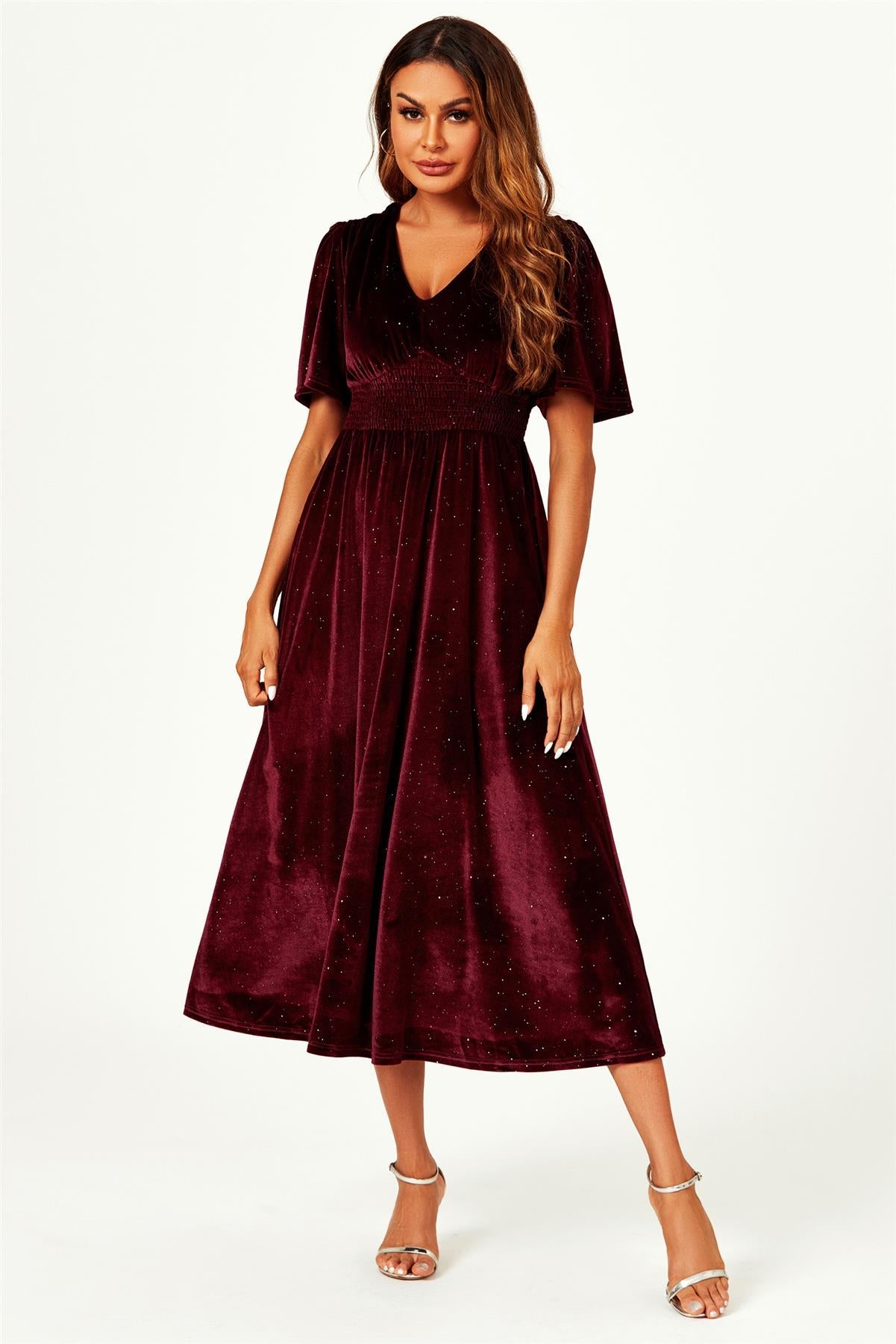 V Neck Velvet Midi Dress In Wine