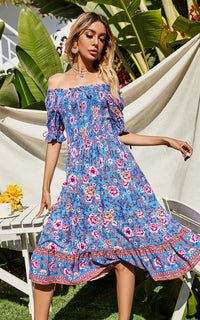 Pink Floral Print Boho Bardot Midi Dress In Blue