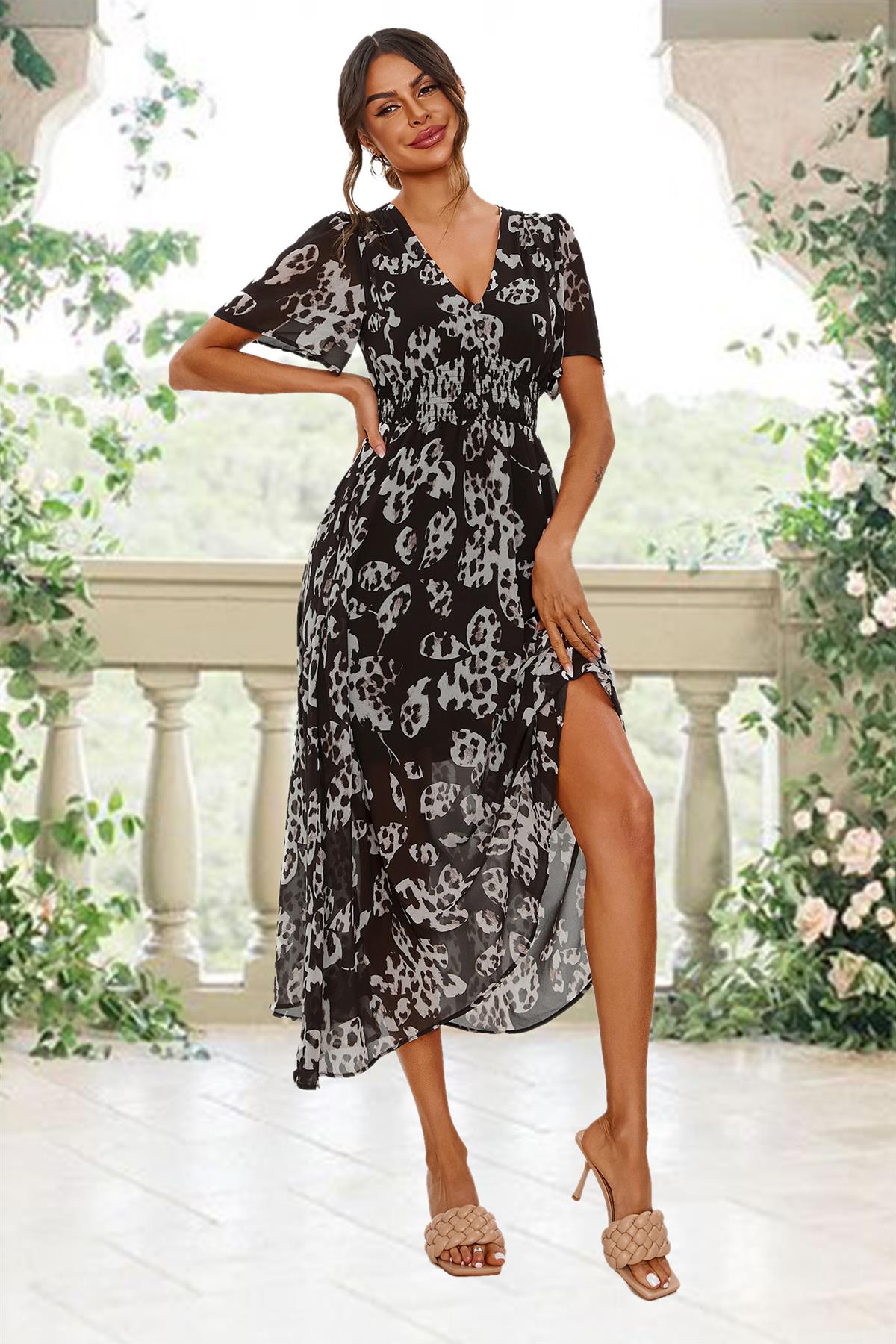 Leopard Floral Print Angel Sleeve Maxi Dress In Black