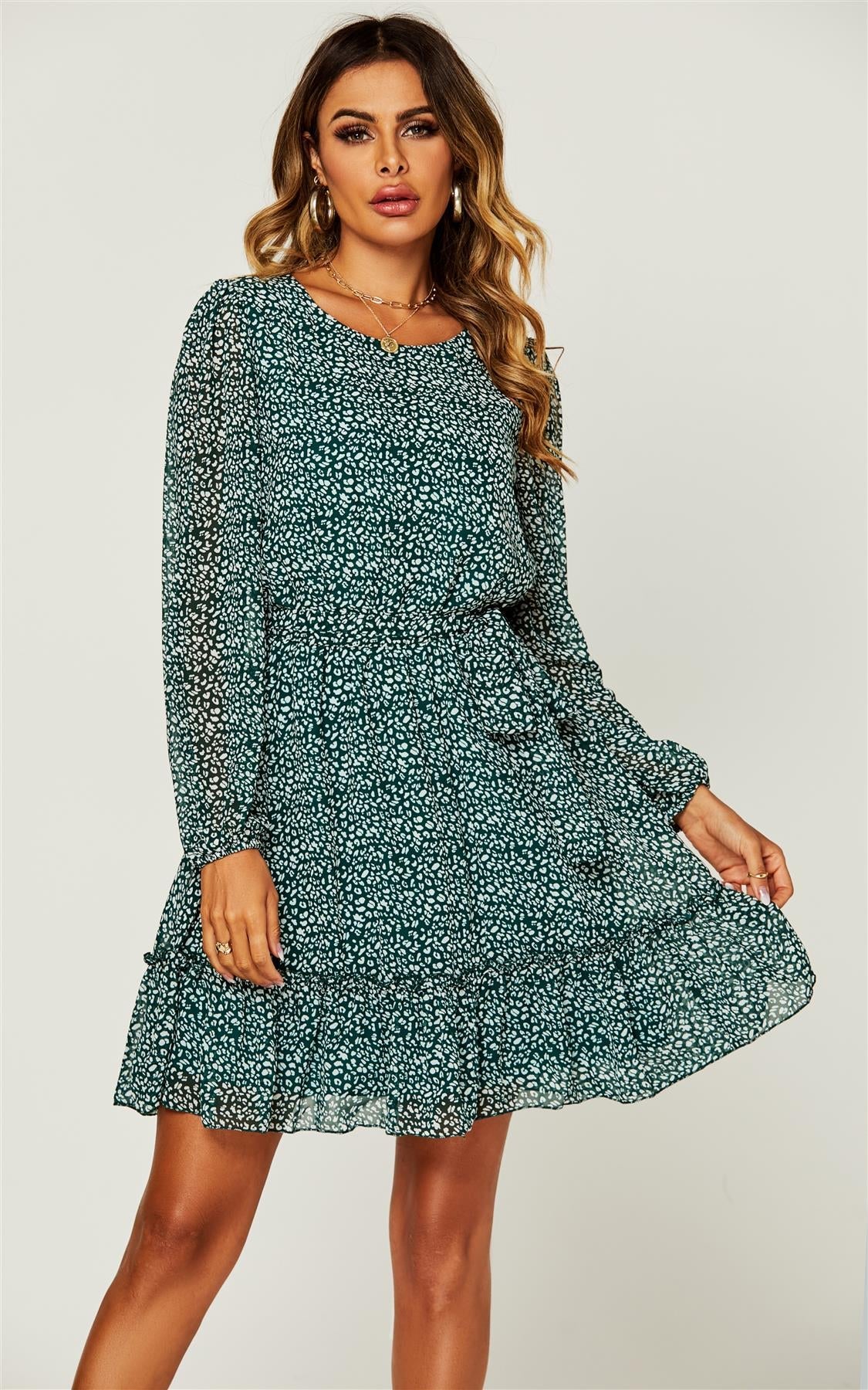 Ruffled Chiffon Long Sleeve Mini Dress In Dark Green Leopard Print