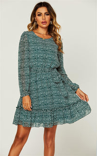 Ruffled Chiffon Long Sleeve Mini Dress In Dark Green Leopard Print