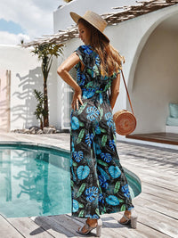 Sleeveless Jumpsuit With Frill Detail V Neckline In Black With Green Palm Print