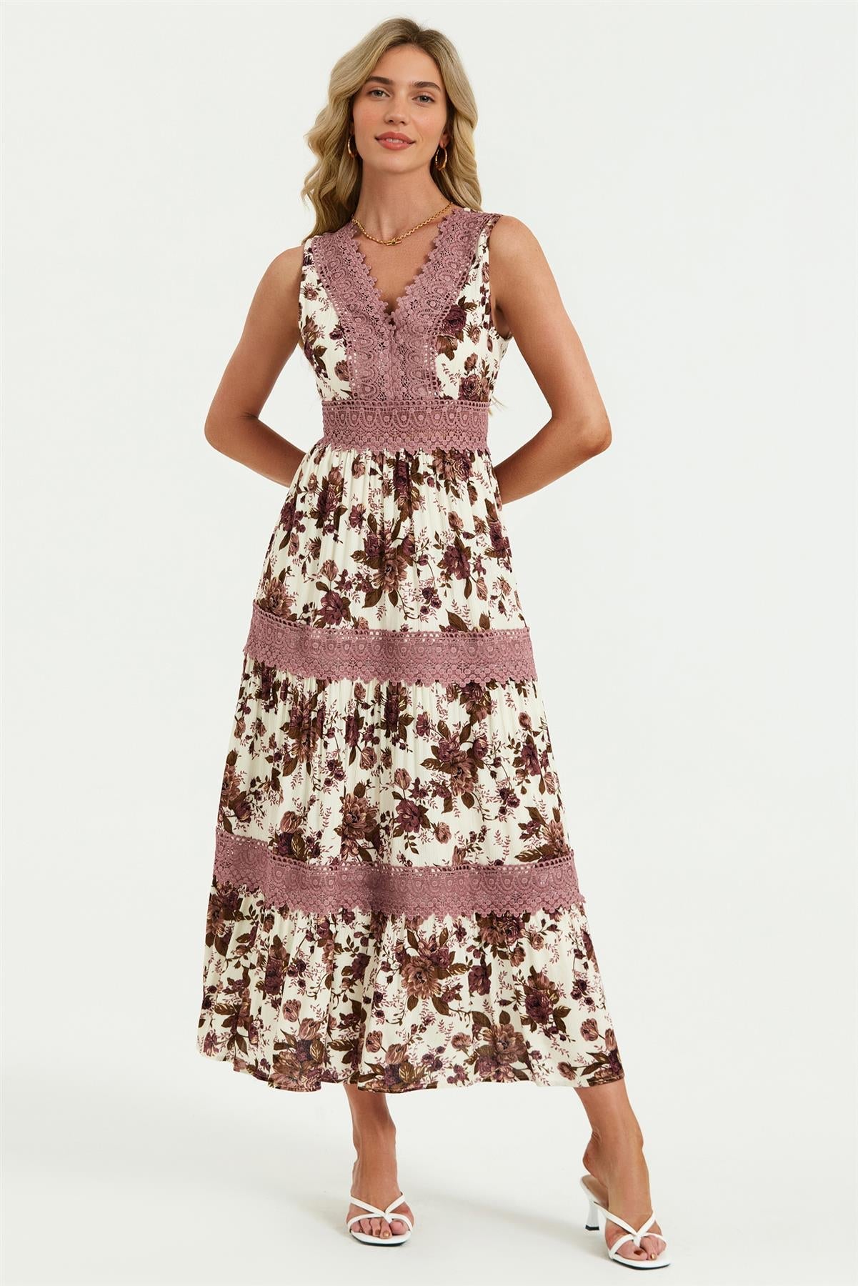 Floral Print Lace Detail Maxi Dress In Off White