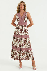 Floral Print Lace Detail Maxi Dress In Off White