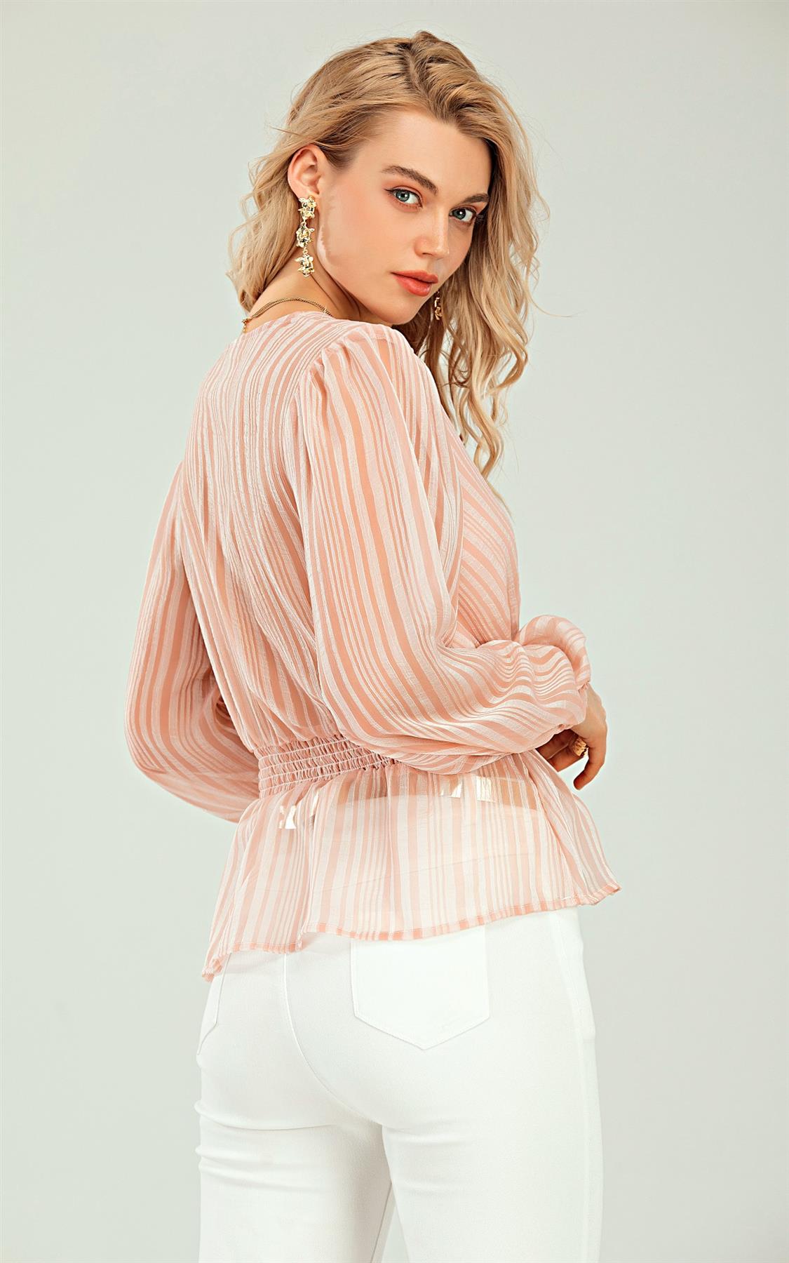 Long Sleeve V Neck Sheer Blouse In Pink