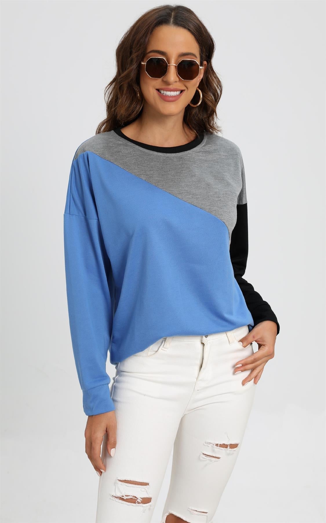 Grey Black Colour Block Oversized Top In Blue