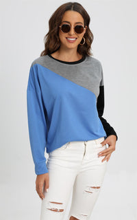 Grey Black Colour Block Oversized Top In Blue