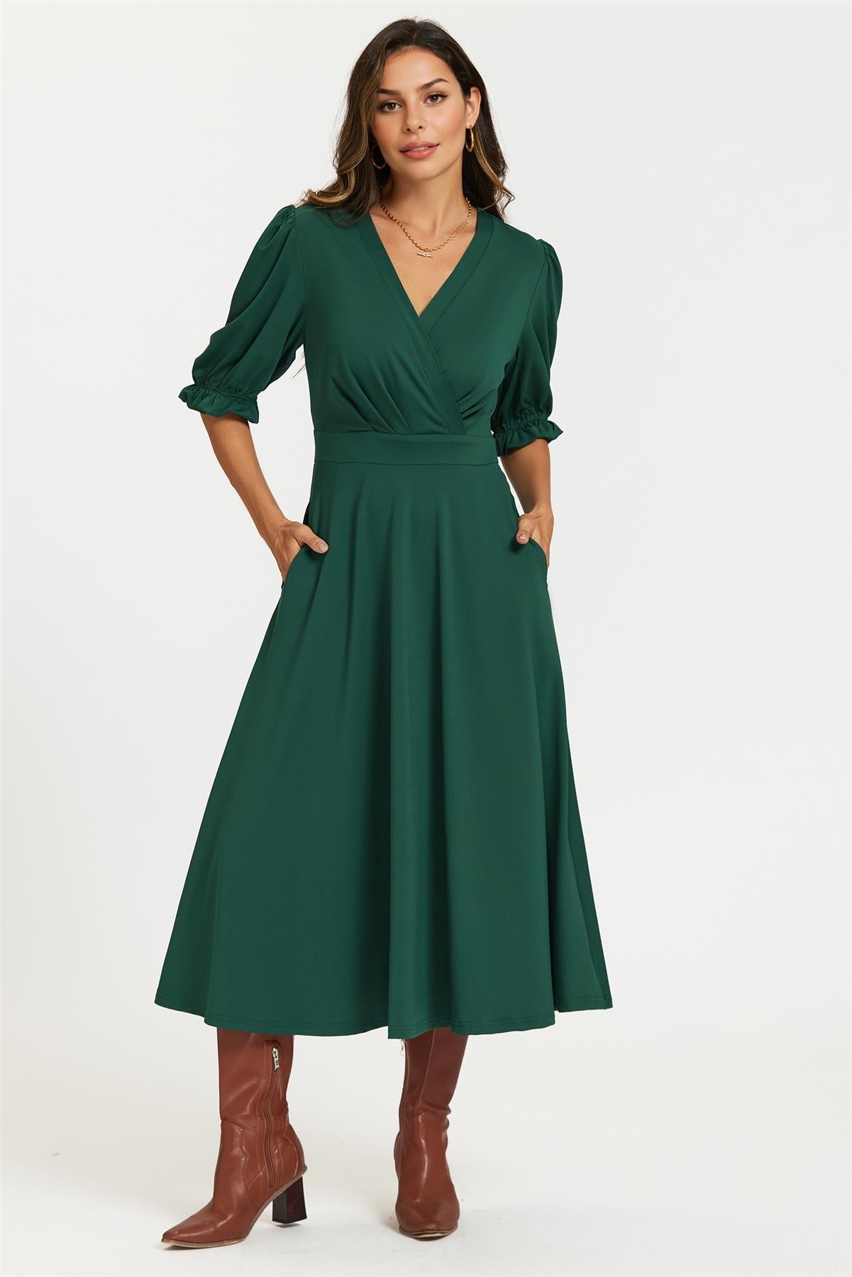 Half Sleeves Jersey Midi Dress with Wrap Neckline In Green