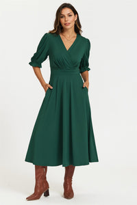 Half Sleeves Jersey Midi Dress with Wrap Neckline In Green