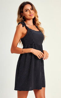 Polka Dot Print Hem Detail Strap Mini Dress In Black