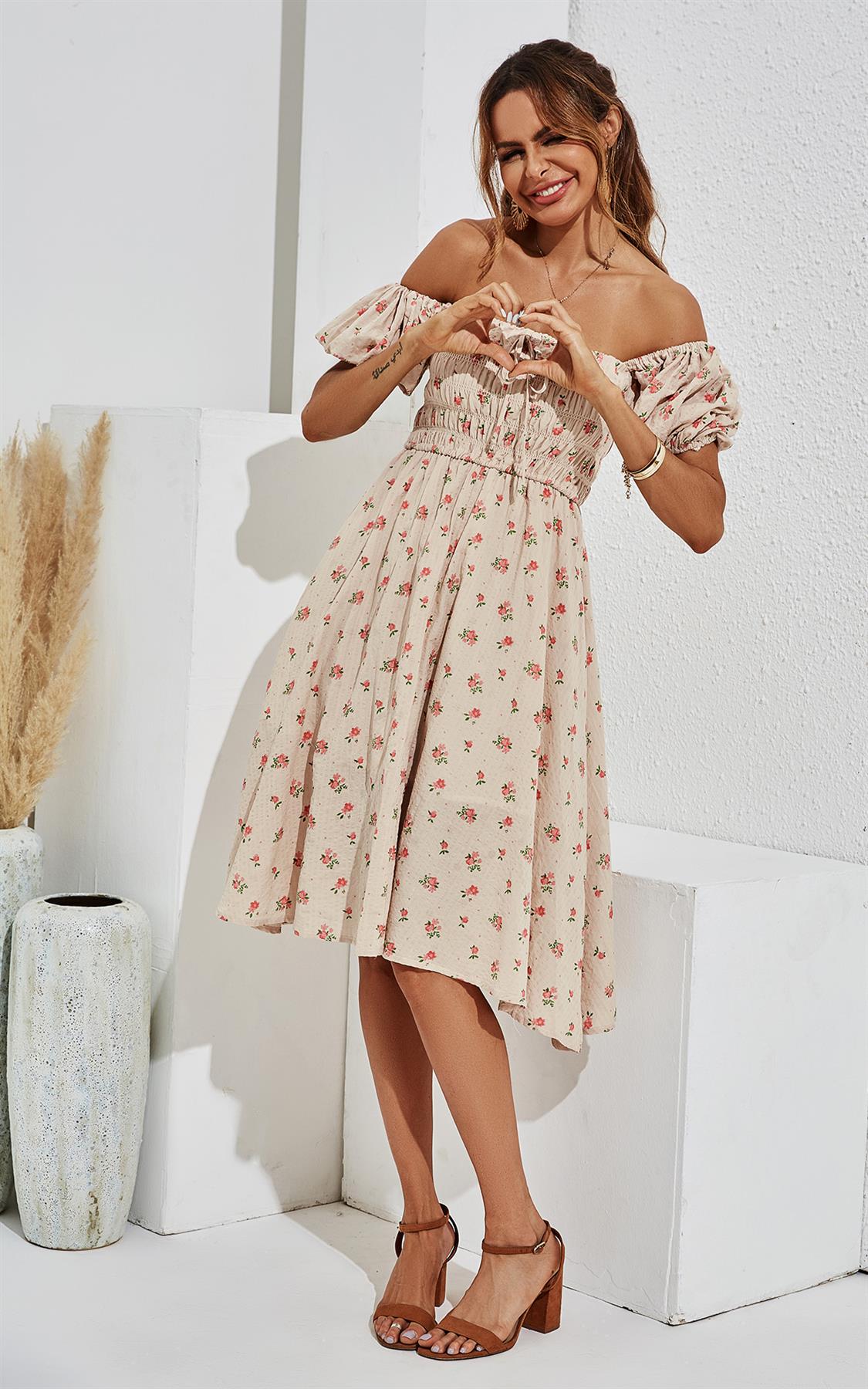 Pink Floral & Green Leaf Print Puff Frill Sleeve Elasticated Detail Midi Dress In Beige