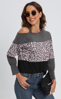 Leopard Print Cold Shoulder Grey Colour Block Relaxed Top In Black