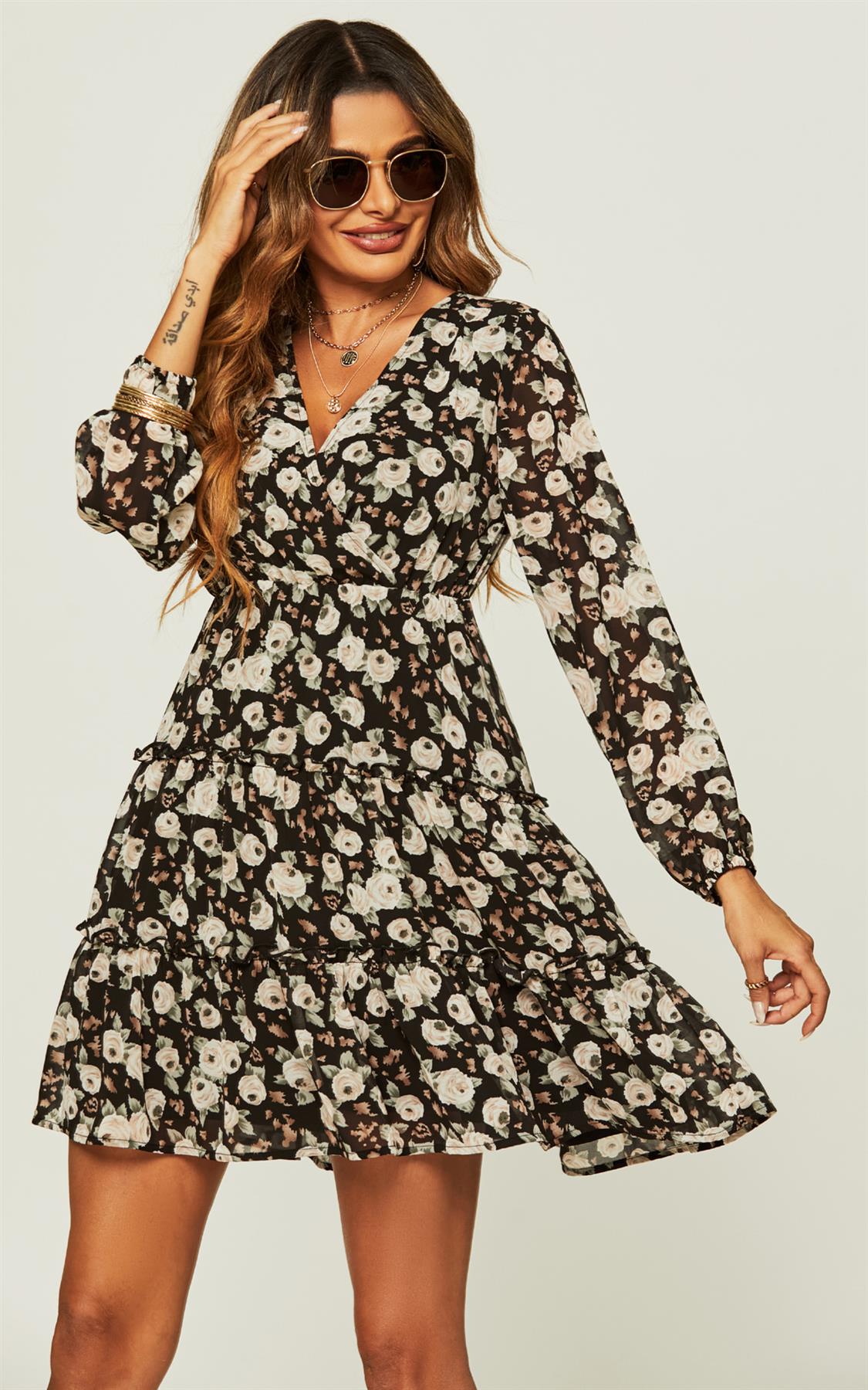 Long Sleeve Floral Layer Wrap Mini Dress In Black