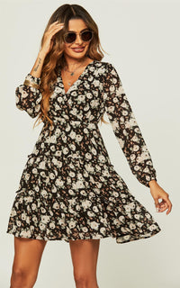 Long Sleeve Floral Layer Wrap Mini Dress In Black
