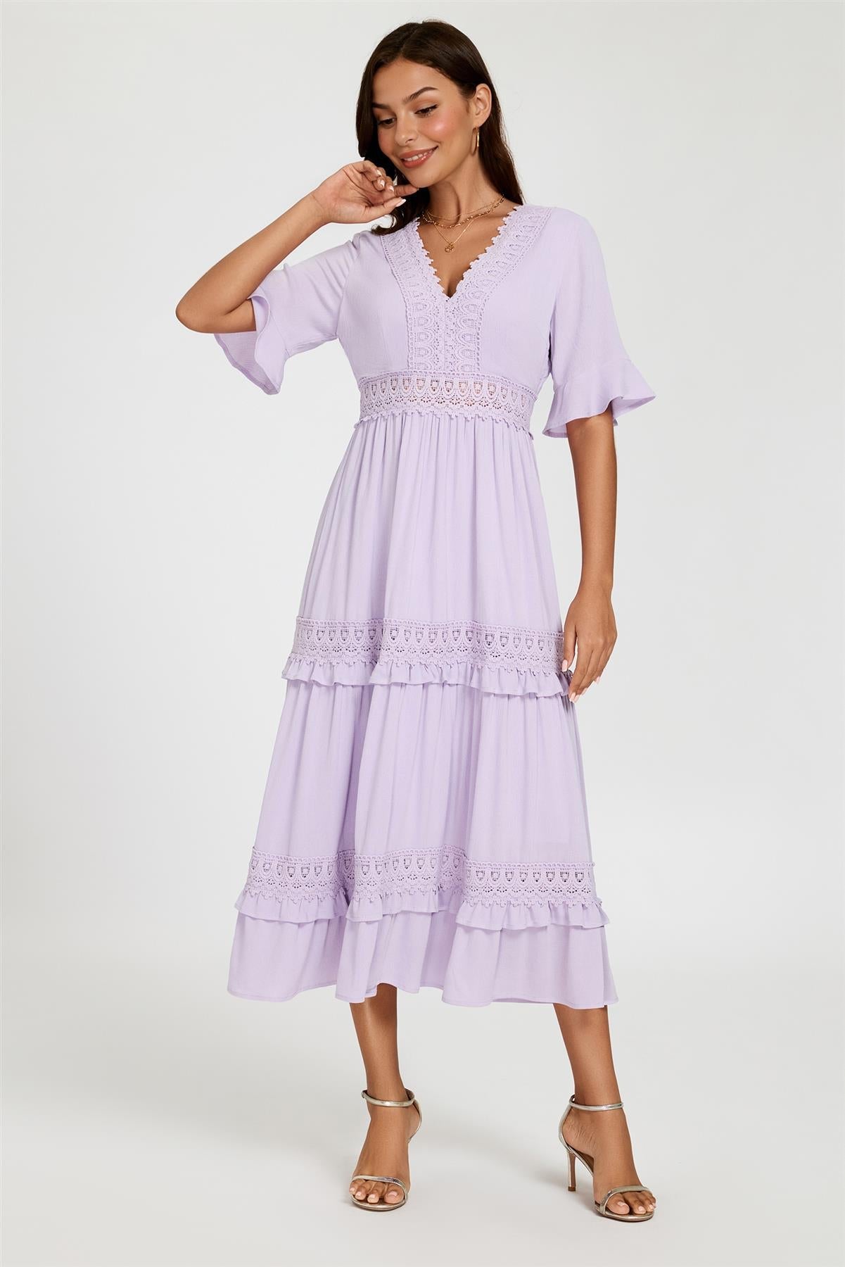 V Neck Lace Detail Midi Dress In Purple
