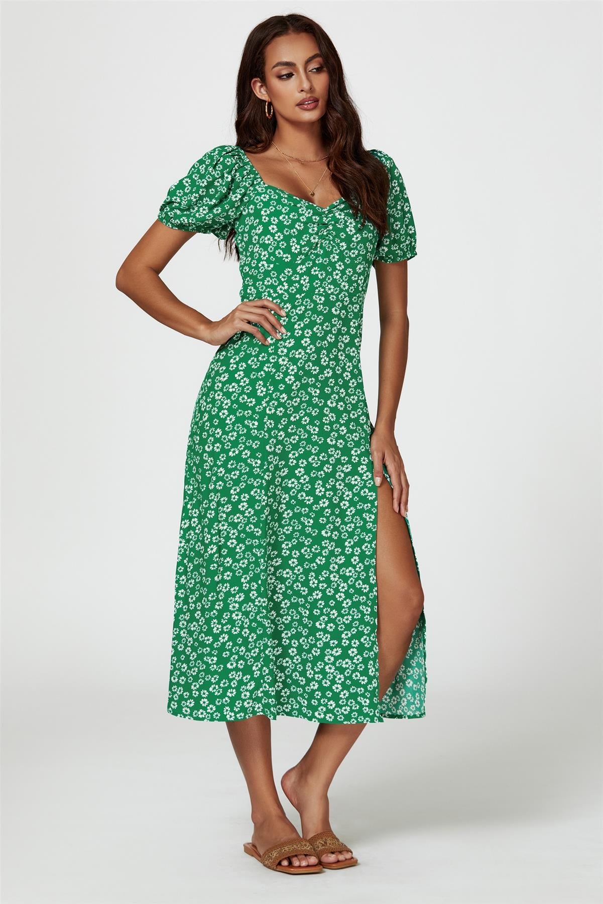 Puff Sleeve Heart Neckline Midi Dress In Green