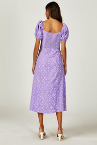 Puff Sleeve Heart Neckline Midi Dress In Purple