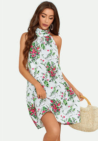 Pink Floral Print Halter Neck Tie Back Mini Dress In White