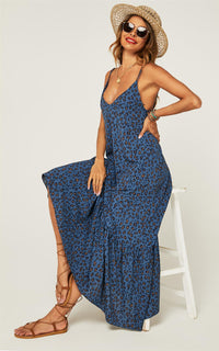 Hem Detail Slip Dress In Navy Leopard Print