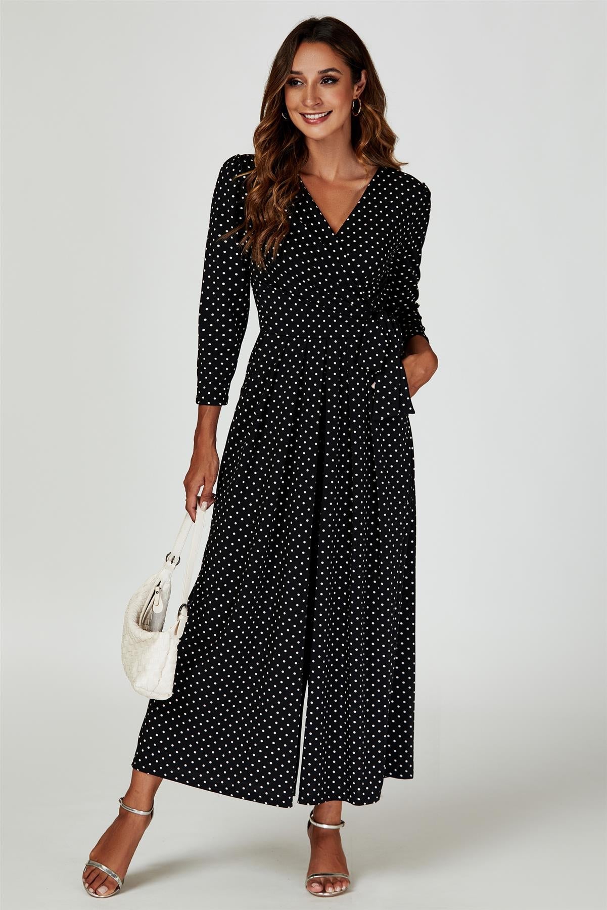 Dot Print Wrap Top Jersey Jumpsuit In Black