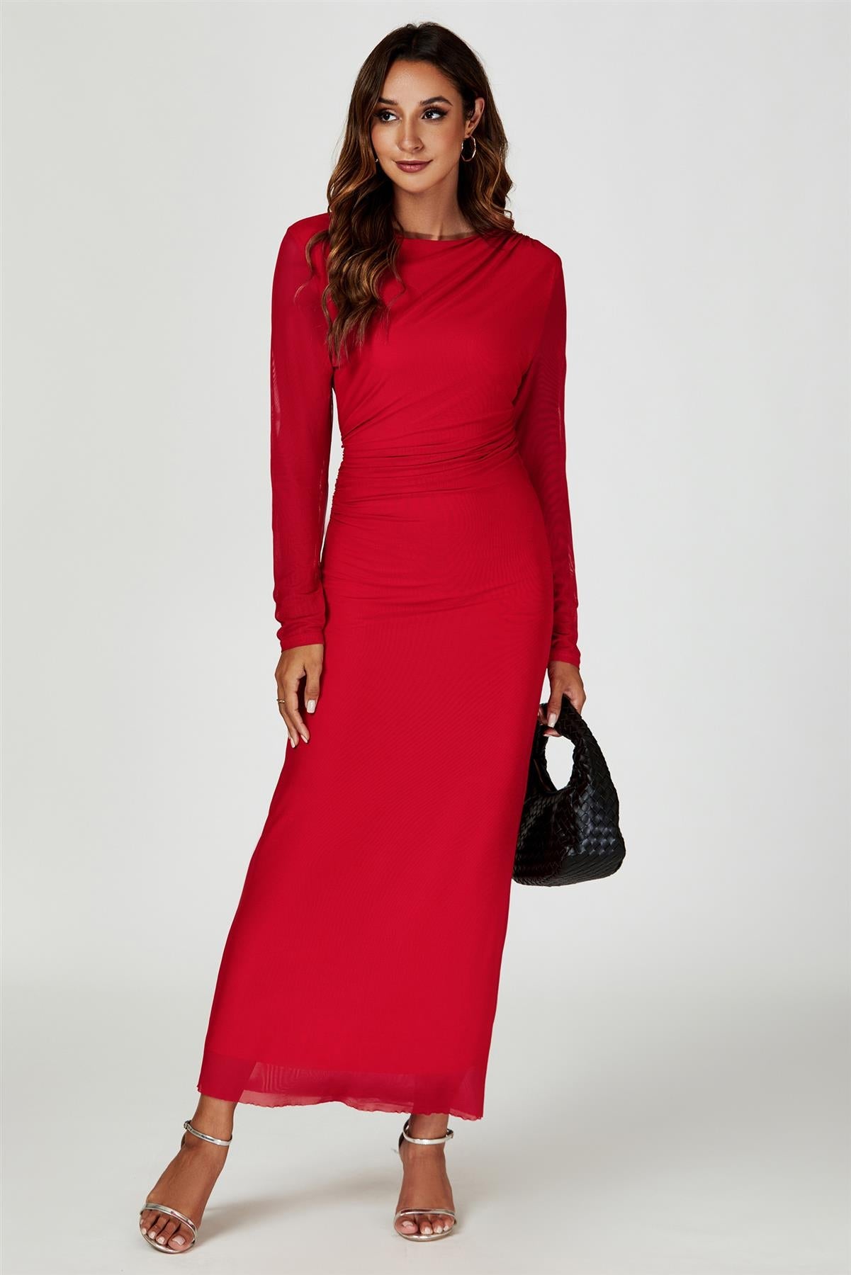Long Sleeves Mesh Midi Dress In Red