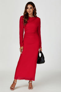 Long Sleeves Mesh Midi Dress In Red