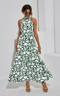 Halter Neck Midi Layer Dress In Green & White Flora Print