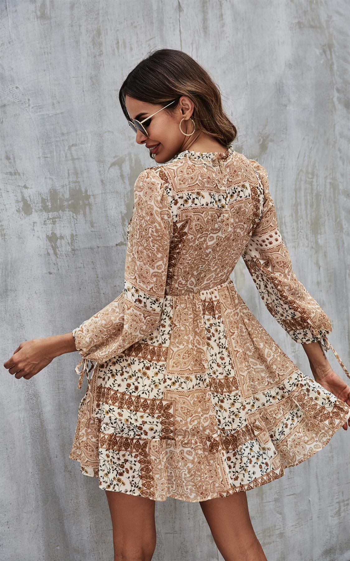 Elasticated detail Mini Dress In Beige Paisley Print