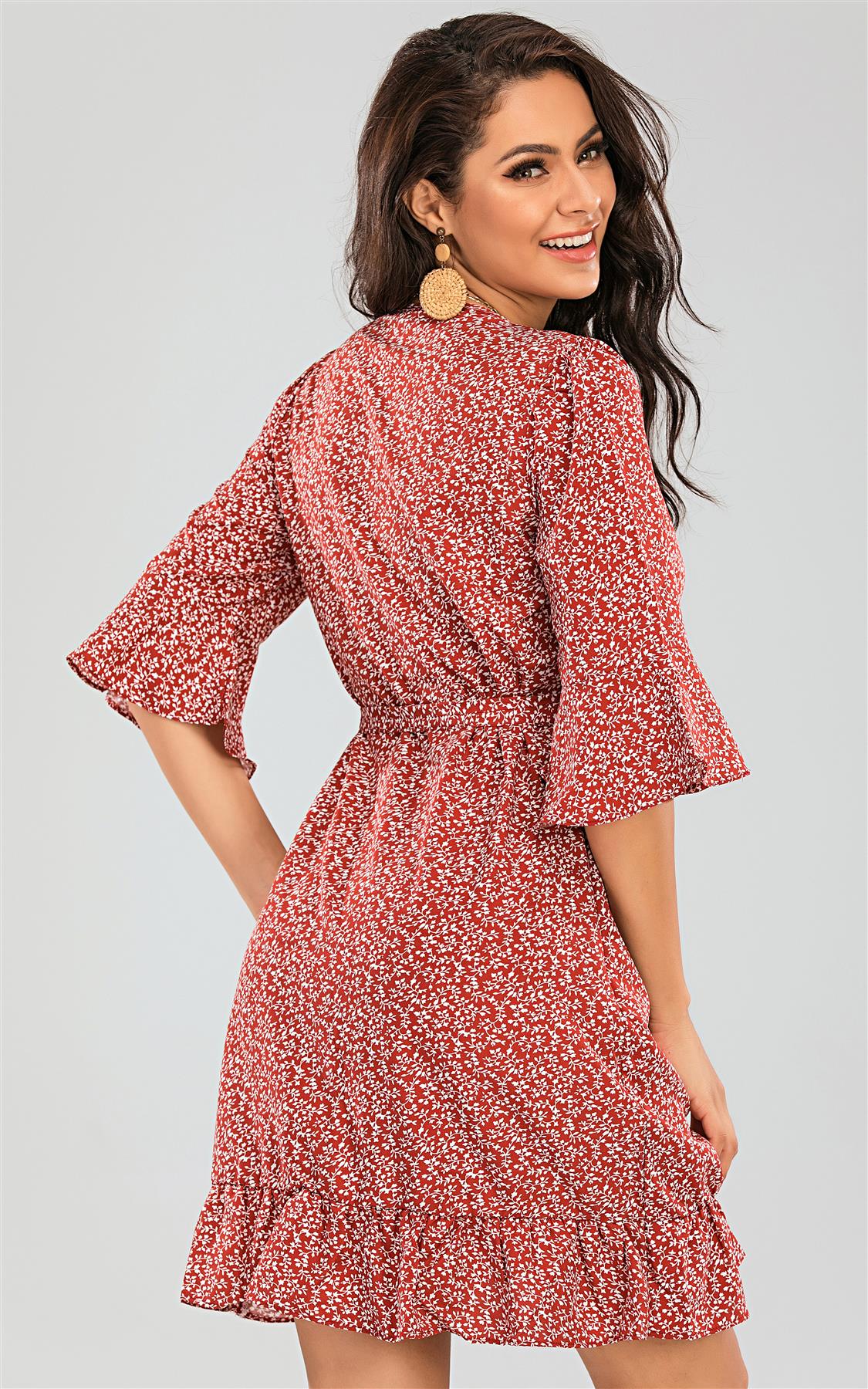 Angel Sleeve Frill Mini Dress Red Print