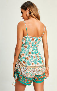 Playsuit With Drawstring Detail In Beige & Blue Leaf Flora Print
