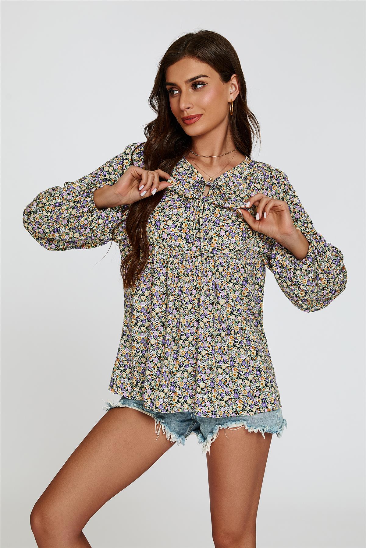 Floral Print long sleeve Blouse Top In Purple
