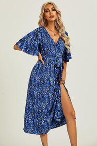 Angel Sleeve Wrap Top Midi Dress In Navy Blue