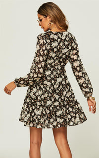 Long Sleeve Floral Layer Wrap Mini Dress In Black