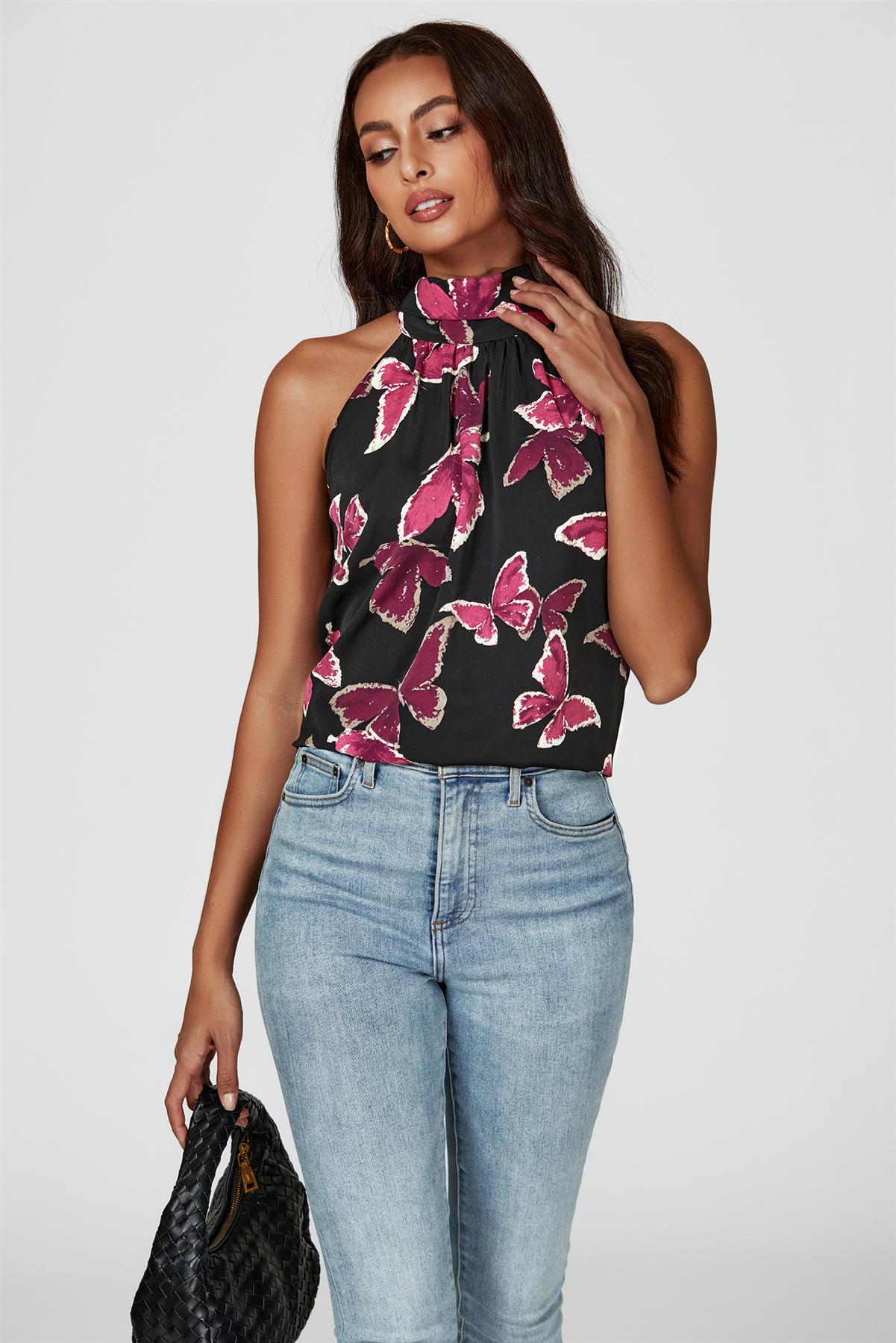 Butterfly Print Halter Neck Tie Back Top In Black