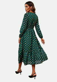 Lace Trim Foil Long Sleeve Maxi Dress In Green