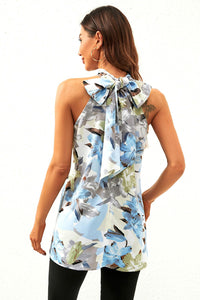 Floral Print  Halter Neck Tie Back Top In Grey Blue
