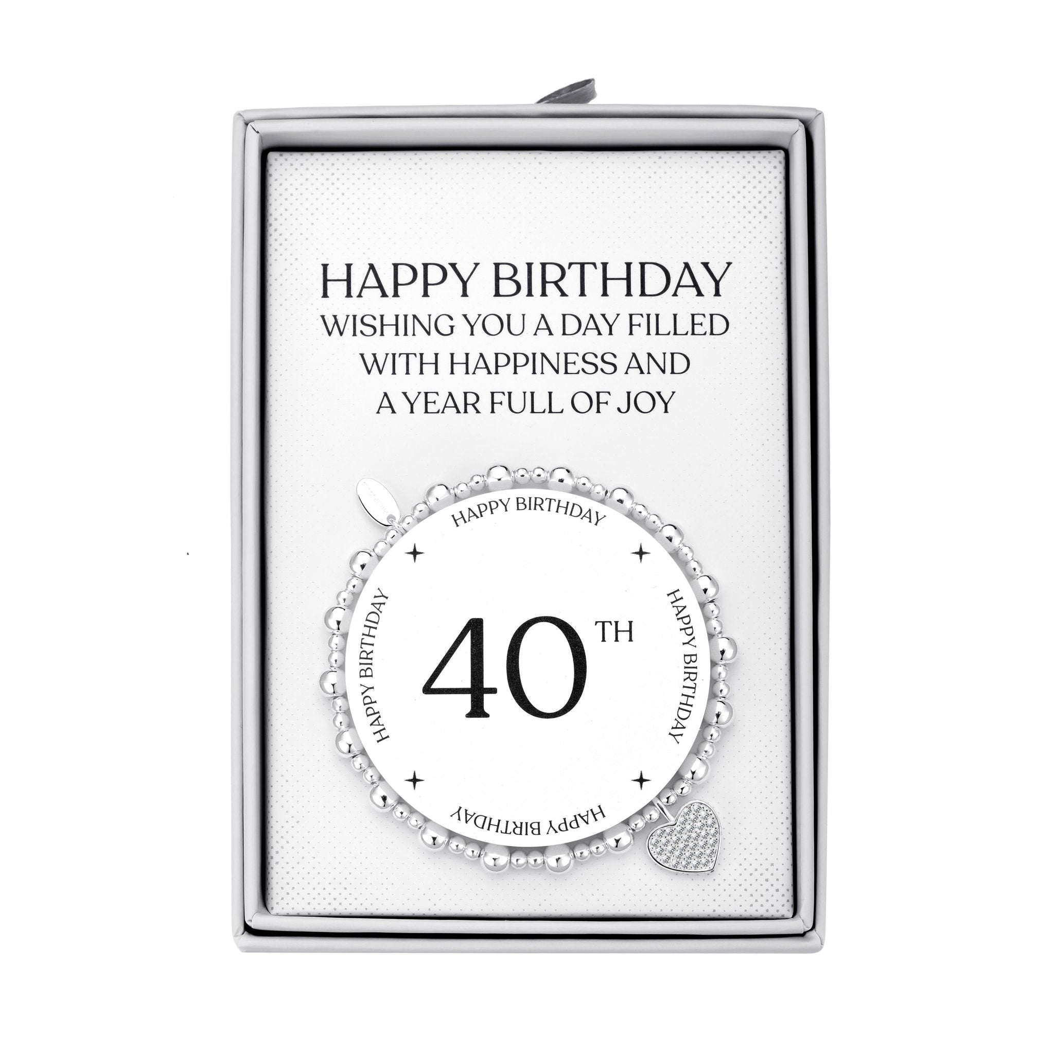 40th Birthday Heart Charm Stretch Bracelet with Quote Gift Box