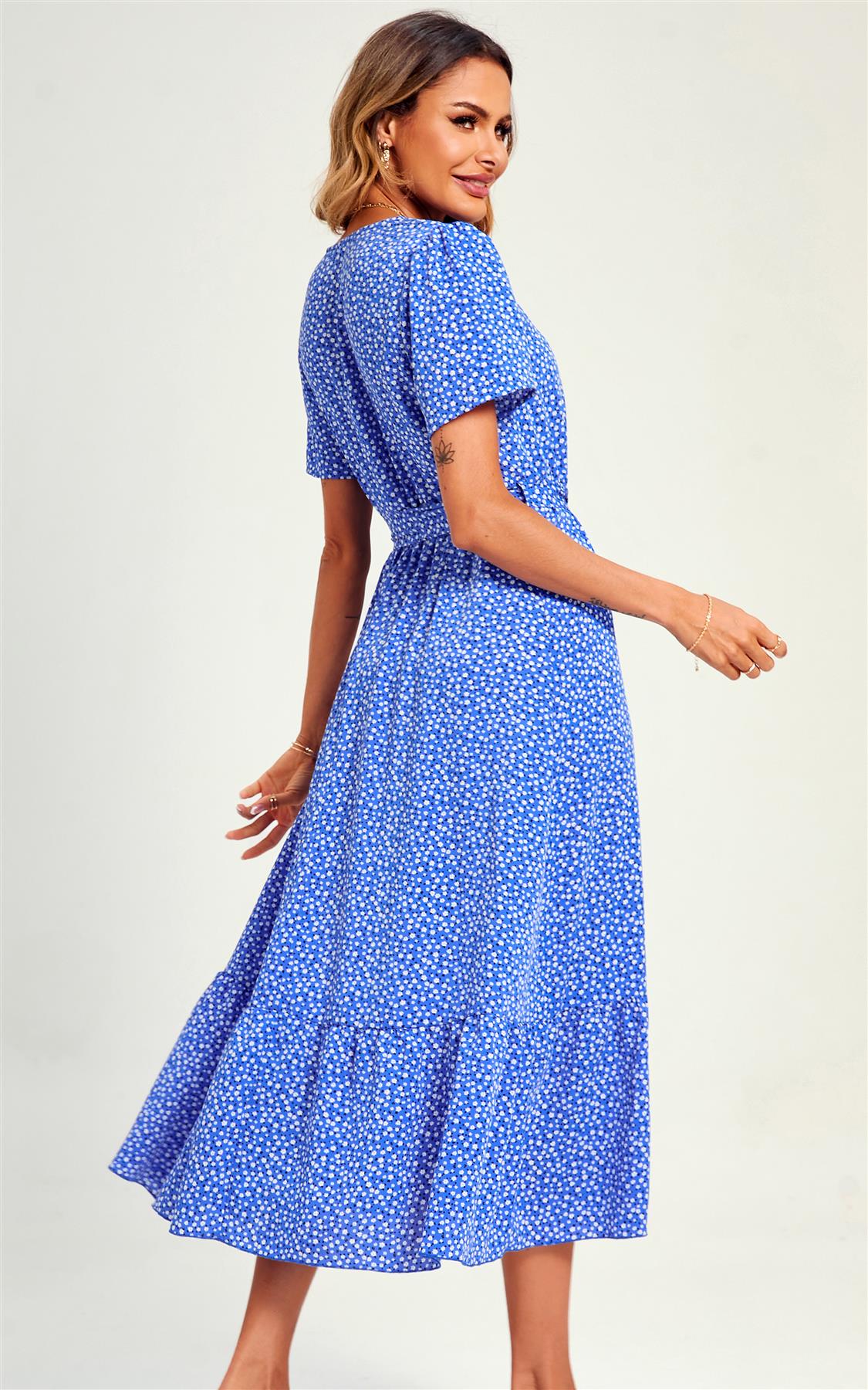 White Little Flower Print Short Sleeve Wrap Style Midi Dress In Blue