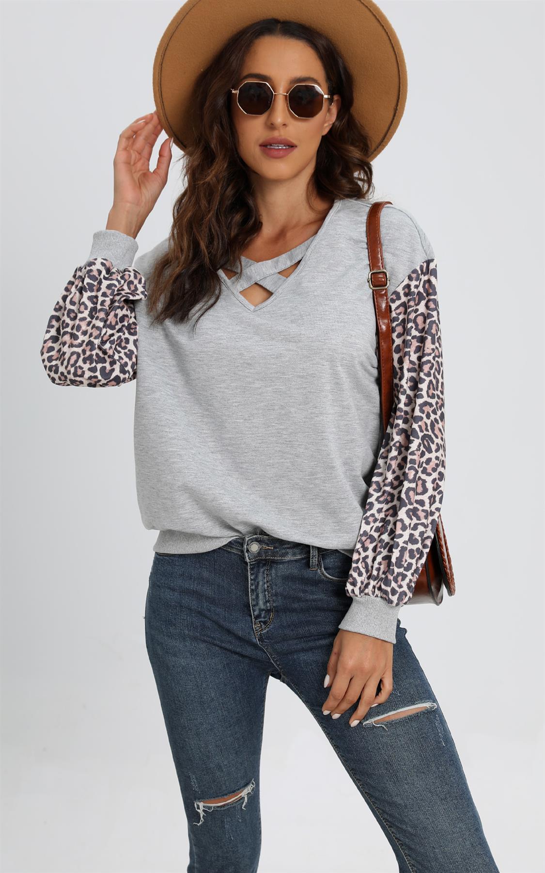 Animal Print Sleeves Cross Over Detail Top In Grey