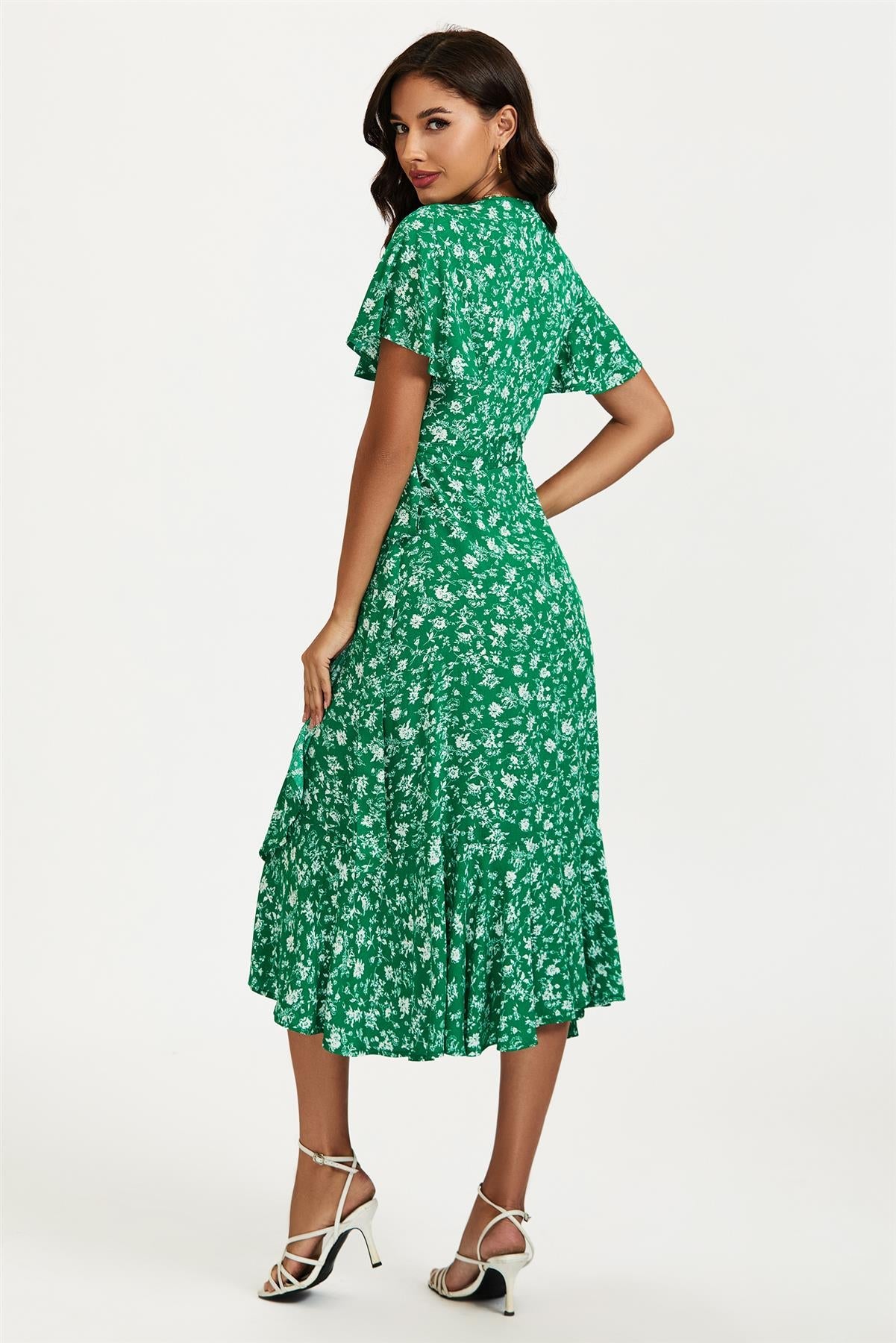 Floral Print Midi Wrap Dress In Green