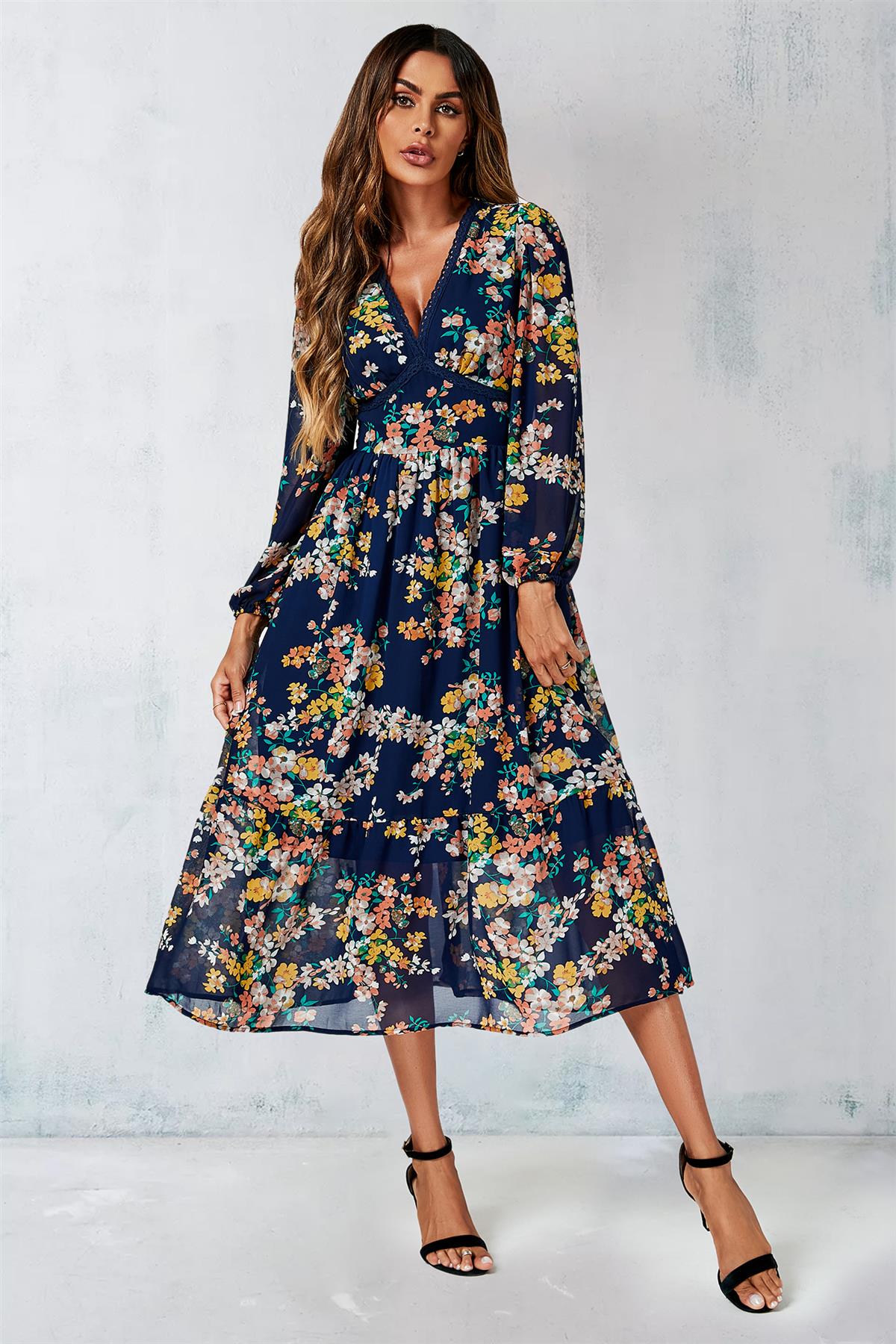 Floral Print Long Sleeve Maxi Dress In Navy