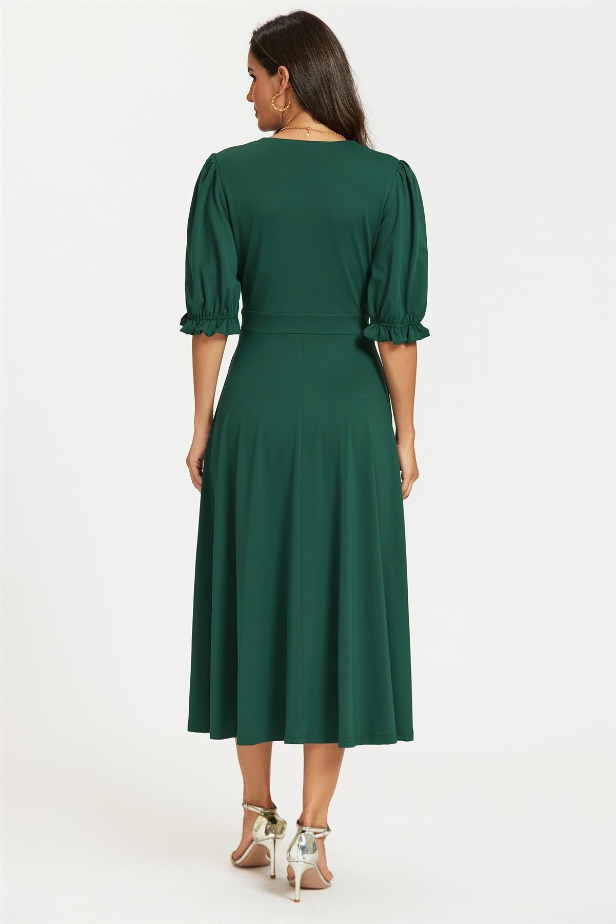 Half Sleeves Jersey Midi Dress with Wrap Neckline In Green